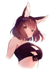 Rule 34 | 1girl, animal ear fluff, animal ears, bandeau, bare shoulders, breasts, calm mashiro, cleavage, cleavage cutout, clothing cutout, cropped torso, etrian odyssey, hound (sekaiju), large breasts, looking at viewer, orange eyes, red hair, sekaiju no meikyuu, sekaiju no meikyuu 5, short hair, simple background, smile, solo, strapless, tube top, white background