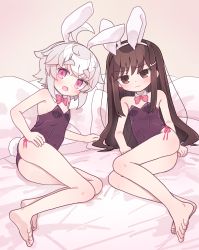 Rule 34 | 2girls, ahoge, akichi mashiro, animal ears, bare arms, bare legs, bare shoulders, barefoot, bed sheet, blush, bow, breasts, brown eyes, brown hair, closed mouth, collar, commentary request, covered navel, detached collar, fake animal ears, grey hair, hair ornament, hairband, hairclip, highres, kibisake, leotard, looking at viewer, lying, multiple girls, on side, open mouth, original, pillow, pink bow, playboy bunny, purple leotard, rabbit ears, rabbit tail, short eyebrows, small breasts, strapless, strapless leotard, tail, thick eyebrows, torii koyomi, wavy mouth, white collar, white hairband, wing collar