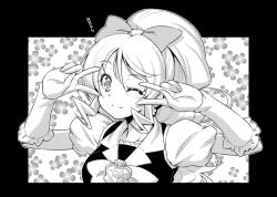 Rule 34 | 10s, 1girl, ;), brooch, cure honey, double v, greyscale, happinesscharge precure!, heart, heart brooch, kazuma muramasa, magical girl, monochrome, one eye closed, oomori yuuko, precure, puffy short sleeves, puffy sleeves, short sleeves, smile, solo, v, v over eye, vest, wide ponytail