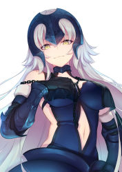 Rule 34 | 1girl, :3, absurdres, arm guards, armor, bare shoulders, black gloves, blush, breasts, chain, closed mouth, clothing cutout, elbow gloves, fate/grand order, fate (series), gloves, hand on breast, hand on own chest, hand on own hip, head tilt, headpiece, highres, jeanne d&#039;arc (fate), jeanne d&#039;arc alter (avenger) (fate), jeanne d&#039;arc alter (avenger) (third ascension) (fate), jeanne d&#039;arc alter (fate), large breasts, long hair, looking at viewer, looking down, midriff, navel, navel cutout, silver hair, sleeveless, solo, tsurime, upper body, very long hair, wu (4401153), yellow eyes