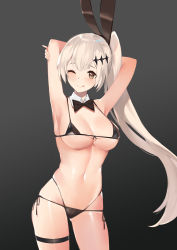 Rule 34 | 1girl, ;q, absurdres, animal ears, armor, arms up, bikini, black bikini, black bow, black bowtie, black ribbon, blush, bow, bowtie, breasts, brown eyes, closed mouth, commentary request, cowboy shot, detached collar, fake animal ears, five-seven (girls&#039; frontline), girls&#039; frontline, grey hair, hair ornament, hand on own arm, highres, large breasts, long hair, looking at viewer, micro bikini, multi-strapped bikini, navel, one eye closed, panties, photoshop (medium), ponytail, r.r (yohanee), rabbit ears, ribbon, side-tie bikini bottom, skindentation, smile, solo, standing, swimsuit, thigh strap, tongue, tongue out, underboob, underwear, very long hair
