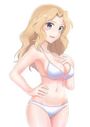 Rule 34 | 1girl, absurdres, bikini, blonde hair, blue eyes, blush, breasts, commentary, cowboy shot, ennui orz, girls und panzer, groin, hair intakes, hand on own hip, hand on own chest, highres, kay (girls und panzer), light blush, long hair, looking at viewer, medium breasts, navel, open mouth, simple background, smile, solo, swimsuit, white background, white bikini