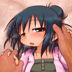 Rule 34 | 1girl, beretta (kokoaka), blue eyes, blue hair, child, ear fondling, eyebrows, flat chest, hair bun, hand on another&#039;s head, highres, holding hands, looking at viewer, marui hitoha, single hair bun, size difference, solo focus, sweat, upper body