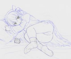 Rule 34 | 1girl, anus, bottomless, bow, dress, drill hair, female focus, hair bow, kasuga yukihito, pussy, luna child, lying, monochrome, on side, pussy, sketch, socks, solo, touhou, traditional media, uncensored
