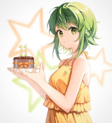 Rule 34 | 1girl, bare arms, bare shoulders, birthday, blurry, blurry background, bow, cake, candle, carrot print, chocolate cake, closed mouth, commentary request, depth of field, dress, food, food print, from side, green eyes, green hair, gumi, holding, holding plate, layered dress, looking at viewer, looking to the side, orange bow, orange dress, plate, short hair, sidelocks, sleeveless, sleeveless dress, smile, solo, star (symbol), upper body, vocaloid, zhi (yammycheese)