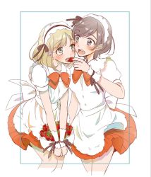 Rule 34 | 10s, 2girls, :d, apron, asagao to kase-san, blonde hair, blouse, blush, bow, bowl, bowtie, brown hair, couple, cowboy shot, eye contact, face-to-face, feeding, food, framed, fruit, green eyes, grey eyes, holding, holding bowl, holding food, holding fruit, kase tomoka, looking at another, multiple girls, open mouth, shirt, short hair, simple background, smile, strawberry, white background, white shirt, yamada yui, yuri