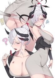 Rule 34 | !, !!, 1girl, ?, absurdres, black horns, blue archive, breasts, cleavage, clenched teeth, collarbone, commission, covered navel, demon horns, dongtan dress, dress, food, grey dress, grey eyes, grey hair, hair bun, halo, highres, horns, korean commentary, large breasts, long sleeves, makoto (blue archive), meme attire, multiple horns, multiple views, open mouth, pointy ears, second-party source, short hair, simple background, single hair bun, teeth, tteokbokki, white background, yzr (yzr99)
