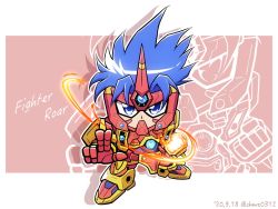 Rule 34 | 1boy, armor, blue hair, character name, chibi, clenched hand, fighter roar, fighting stance, glowing, glowing hand, kouta azuma, looking at viewer, male focus, power armor, shokkaa (shmz61312), solo, super robot wars, super robot wars original generation, super robot wars original generation gaiden