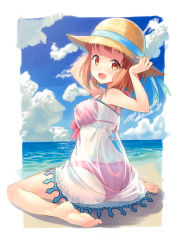 Rule 34 | 1girl, :d, armpits, arms up, ass, barefoot, beach, bikini, brown eyes, brown hair, camisole, cloud, day, feet, hands on headwear, hat, hataraku maou-sama!, holding, holding clothes, holding hat, hyuuga azuri, looking back, ocean, open mouth, outdoors, pink bikini, sasaki chiho, see-through, short hair, sitting, smile, soles, solo, straw hat, swimsuit, wariza, water