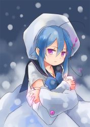 Rule 34 | 1girl, :/, ahoge, blue hair, character request, crossed arms, hat, hika (ozeluk), looking at viewer, pixiv psychicer ii, purple eyes, sailor collar, short hair, snowing, solo, tears