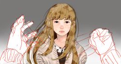 Rule 34 | 1girl, blush, brown hair, closed mouth, commentary request, ears visible through hair, edkipjdb, highres, long hair, looking at viewer, oyasumi punpun, simple background, tanaka aiko