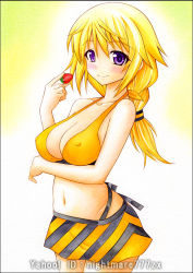 Rule 34 | 10s, 1girl, bikini, bikini skirt, blonde hair, blush, border, braid, breasts, charlotte dunois, cleavage, covered erect nipples, female focus, food, fruit, gradient background, infinite stratos, large breasts, long hair, looking at viewer, navel, nightmare77zx, purple eyes, smile, solo, standing, strawberry, swimsuit, traditional media