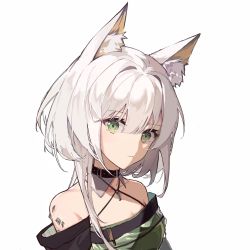 Rule 34 | 1girl, animal ear fluff, animal ears, arknights, bare shoulders, black choker, breasts, cat ears, choker, commentary request, criss-cross halter, dress, green dress, green eyes, hair between eyes, hair intakes, halterneck, highres, kal&#039;tsit (arknights), looking at viewer, material growth, off-shoulder dress, off shoulder, oripathy lesion (arknights), short hair, silver hair, simple background, small breasts, solo, tucaohezi, upper body, white background