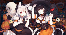 Rule 34 | 2girls, bandana, black dress, black hair, black skirt, breasts, brown eyes, cat, claw pose, cleavage, collarbone, corset, dress, frills, ghost, gift, grey hair, halloween, hat, highres, jack-o&#039;-lantern, jitome, lantern, large breasts, long hair, looking at viewer, medium breasts, multiple girls, night, open mouth, original, outdoors, pinafore dress, puffy short sleeves, puffy sleeves, rain lan, red eyes, short sleeves, sidelocks, skirt, sleeveless dress, smile, thick eyebrows, underbust, witch hat