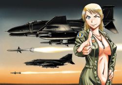 Rule 34 | 1girl, ;), aircraft, airplane, between breasts, blonde hair, blue eyes, breasts, dog tags, f-4 phantom ii, f-4g, fighter jet, finger gun, firing, hand on own hip, jet, large breasts, long hair, mc axis, military, military vehicle, missile, navel, no bra, one eye closed, pilot suit, pointing, pointing at viewer, sao satoru, smile, solo, unzipped, vehicle focus, wink