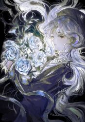 Rule 34 | 1girl, black background, black eyes, black suit, blue flower, blue rose, cindymeimezu, commentary, flower, formal, highres, light particles, long hair, looking at viewer, mole, mole under eye, original, pale skin, parted bangs, parted lips, rose, solo, suit, symbol-only commentary, upper body, white hair