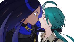 Rule 34 | 2girls, ahoge, black hair, black jacket, blush, bright pupils, collared shirt, commentary request, covering another&#039;s mouth, creatures (company), dark-skinned female, dark skin, earrings, eye contact, from side, game freak, geeta (pokemon), gloves, green hair, highres, jacket, jewelry, long hair, looking at another, molingxiang chimangguo, multiple girls, neck ribbon, nintendo, pokemon, pokemon sv, red eyes, ribbon, rika (pokemon), shirt, simple background, suspenders, sweatdrop, white background, white pupils, yellow ribbon, yuri