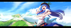 Rule 34 | 1girl, :d, blue hair, blush, cloud, day, female focus, food, fruit, hand on headwear, hat, highres, hinanawi tenshi, landscape, letterboxed, long hair, mountain, open mouth, peach, red eyes, smile, solo, takuzui, touhou