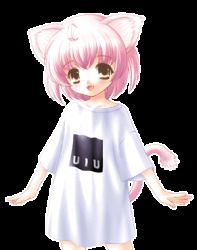 Rule 34 | 1girl, ahoge, animal ears, blush, brown eyes, cat ears, cat tail, gif artifacts, lowres, nyan nyako nyan, open mouth, pink hair, shirt, solo, t-shirt, tail, transparent background