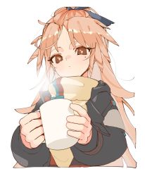 Rule 34 | 1girl, arknights, beige sweater, black jacket, bow, brown eyes, cup, feather hair, feather hair ornament, foreshortening, high ponytail, highres, holding, holding cup, jacket, long hair, looking at viewer, messy hair, mole, mole under eye, pinecone (arknights), signal 1120, simple background, solo, steam, sweater, turtleneck, turtleneck sweater, white background