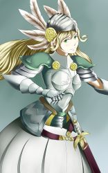 Rule 34 | 1girl, armor, armored dress, belt, blonde hair, blush, breastplate, character request, faulds, feather hair ornament, feathers, full armor, gauntlets, green eyes, feather hair ornament, helmet, long hair, long skirt, pauldrons, scabbard, sheath, shoulder armor, sig (sfried), skirt, smile, solo, sword, valkyrie, weapon