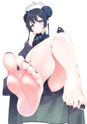 Rule 34 | 1girl, barefoot, blue archive, chinese clothes, close-up, crossed legs, double bun, ears, feet, foot focus, foreshortening, from below, gloves, hair bun, highres, kisaki (blue archive), light blush, long hair, looking at viewer, nail polish, parted lips, sitting, soles, thighs, toenail polish, toenails, toes, twintails, white background