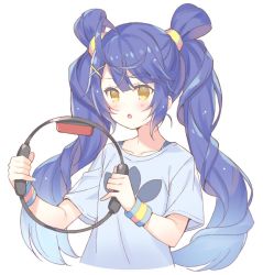 Rule 34 | 1girl, :o, ahoge, amamiya kokoro, blue hair, blue shirt, blush, brown eyes, collarbone, commentary request, cropped torso, hair ornament, holding, long hair, meito (maze), nijisanji, parted lips, ring-con, ring fit adventure, shirt, short sleeves, sidelocks, simple background, solo, sweat, sweatband, twintails, upper body, very long hair, virtual youtuber, white background, wristband, x hair ornament