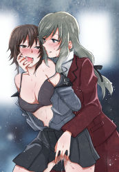 Rule 34 | 10s, 2girls, black bra, blush, bra, breasts, brown eyes, brown hair, finger in another&#039;s mouth, fingering, girls und panzer, grey eyes, kuromorimine school uniform, large breasts, looking at another, mature female, multiple girls, nishizumi maho, no panties, open clothes, open mouth, pussy juice, saliva, school uniform, shimada chiyo, short hair, skirt, smile, snow, underwear, white hair, yuri, yuuhi (arcadia)
