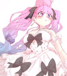 Rule 34 | 1girl, bare shoulders, black bow, blue eyes, blue hair, blush, bow, candy, candy wrapper, crescent, crescent earrings, crescent necklace, crescent print, dress, earrings, eyes visible through hair, food, frilled dress, frills, gradient hair, grey background, hair bow, hat, highres, himemori luna, himemori luna (4th costume), hololive, jewelry, long hair, multicolored hair, necklace, parted lips, pearl necklace, pink hair, pink hat, purple eyes, simple background, solo, star (symbol), star print, takoongyi, twintails, very long hair, virtual youtuber, white bow, white dress, wide-eyed, wrapped candy