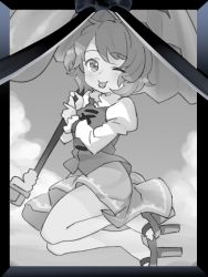 Rule 34 | 1girl, ;p, blush, cloud, collared shirt, cross-laced clothes, day, dot nose, flying, frilled shirt collar, frilled sleeves, frills, geta, greyscale, holding, holding umbrella, iei, juliet sleeves, karakasa obake, long sleeves, looking at viewer, monochrome, one eye closed, outdoors, photo (object), picture frame, pine (pine-box), puffy sleeves, ribbon, sandals, shirt, short hair, skirt, sky, smile, solo, swept bangs, tatara kogasa, tongue, tongue out, touhou, tsurime, umbrella, vest