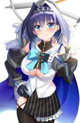 Rule 34 | 1girl, benchen06, black skirt, blue eyes, blue hair, blue neckwear, blush, bow, bowtie, breasts, chain, cleavage cutout, clock hands, clothing cutout, cowboy shot, detached collar, detached sleeves, hair intakes, hairband, halo, hand on own chest, highres, hololive, hololive english, large breasts, looking at viewer, neck ribbon, ouro kronii, ouro kronii (1st costume), ribbon, ribbon earrings, skirt, smile, solo, teeth, thighhighs, veil, virtual youtuber