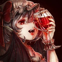 Rule 34 | 1girl, alcohol, ascot, bad id, bad pixiv id, bat wings, blue hair, brooch, cup, drinking glass, fangs, hat, hat ribbon, jewelry, mob cap, mokoiscat, red eyes, remilia scarlet, ribbon, solo, touhou, wine, wine glass, wings