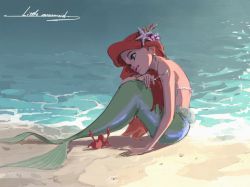 Rule 34 | 1girl, ariel (disney), arm support, back, backlighting, bare arms, bare shoulders, beach, blue eyes, bracelet, caustics, closed mouth, copyright name, coral hair ornament, crab, earrings, eyelashes, fingernails, foam, fork, full body, gem, glint, head rest, highres, holding, holding fork, jewelry, light smile, lipstick, long hair, looking afar, makeup, masso, mermaid, monster girl, ocean, on ground, pearl (gemstone), pink lips, profile, red hair, sand, shadow, shore, sitting, solo, starfish hair ornament, sunlight, the little mermaid, very long hair, water