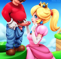 Rule 34 | 1boy, 1girl, beard, blonde hair, blue eyes, clothes pull, cloud, crown, dress, earrings, elbow gloves, facial hair, gloves, grass, handjob, head out of frame, height difference, hetero, high ponytail, imminent fellatio, jewelry, lips, long hair, male pubic hair, mario, mario (series), mustache, neocoill, nintendo, nose, open mouth, outdoors, pants, pants pull, penis, penis out, pink dress, pinky out, ponytail, precum, princess peach, pubic hair, puffy short sleeves, puffy sleeves, short sleeves, sky, smile, super mario bros. 1, uncensored, underwear, warp pipe, white gloves