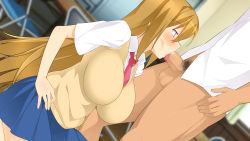 Rule 34 | 1girl, blonde hair, blue skirt, blush, bottomless, breasts, censored, chair, dutch angle, fellatio, from side, highres, huge breasts, indoors, legs, long hair, looking at another, makarou, male pubic hair, minami-ke, minami haruka, mosaic censoring, necktie, nose blush, oral, penis, pubic hair, red neckwear, school uniform, sitting, skirt, solo focus, standing, table, thighs, tongue, tongue out, yellow eyes