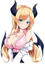 Rule 34 | 1girl, asymmetrical hair, bat tattoo, black skirt, blue eyes, blush, breast tattoo, breasts, breasts squeezed together, cleavage, closed mouth, coat, collarbone, collared shirt, commentary, demon horns, demon wings, frilled shirt, frills, hair between eyes, hair ribbon, hololive, horns, kosuke (bb), lab coat, large breasts, long hair, looking at viewer, off shoulder, open clothes, open coat, parted bangs, pink shirt, pointy ears, ribbon, shirt, shirt tucked in, sidelocks, simple background, skirt, sleeveless, sleeveless shirt, smile, solo, tattoo, upper body, virtual youtuber, white background, white coat, white ribbon, wing collar, wings, yuzuki choco, yuzuki choco (1st costume)
