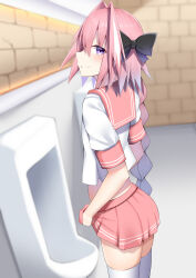 Rule 34 | 1boy, astolfo (fate), astolfo (sailor paladin) (fate), black bow, blurry, blurry background, bow, braid, clothes lift, crossdressing, fang, fate/grand order, fate (series), hair between eyes, hair bow, hair intakes, highres, indoors, kitajima yuuki, lifted by self, long braid, long hair, looking at viewer, male focus, multicolored hair, official alternate costume, pink hair, pink sailor collar, pink skirt, pleated skirt, purple eyes, restroom, sailor collar, school uniform, serafuku, shirt, single braid, skin fang, skirt, skirt lift, smile, solo, streaked hair, thighhighs, trap, urinal, white hair, white shirt, white thighhighs