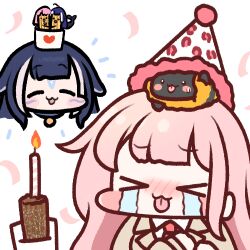 Rule 34 | &gt; &lt;, 2girls, bee, birthday, birthday cake, black hair, blush, bug, cake, candle, churro, confetti, corn, corn cob, cup, facial tattoo, food, hat, honey churros, indie virtual youtuber, insect, jazz jack, long hair, long sleeves, looking at viewer, lowres, mug, multicolored hair, multiple girls, orca girl, party hat, pink hair, shylily, smile, streaked hair, tattoo, tongue, tongue out, virtual youtuber, whale girl, white hair