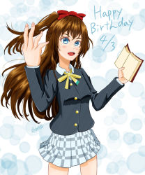 Rule 34 | 1girl, aqua eyes, artist name, artist request, bare legs, black cardigan, black jacket, blue eyes, blush, book, bow, breasts, brown hair, buttons, cardigan, checkered clothes, checkered skirt, collared shirt, dated, female focus, floating hair, hair between eyes, hair bow, highres, holding, holding book, jacket, long hair, long sleeves, looking at viewer, love live!, love live! nijigasaki high school idol club, miniskirt, nail, nail polish, nijigasaki school uniform, osaka shizuku, parted lips, pink nails, plaid, plaid skirt, pleated, pleated skirt, ponytail, red bow, ribbon, school uniform, shirt, skirt, small breasts, smile, solo, wavy hair, white shirt, white skirt, yellow buttons, yellow neckwear, yellow ribbon