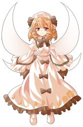 Rule 34 | alphes (style), bad id, bad pixiv id, blonde hair, dairi, dress, drill hair, full body, hat, light smile, long sleeves, luna child, parody, red eyes, short hair, sleeves past wrists, smile, solo, style parody, touhou, transparent background, wings