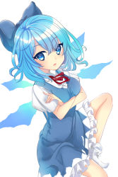 Rule 34 | 1girl, blue bow, blue dress, blue eyes, blue hair, bow, breast hold, breasts, cirno, crossed arms, dress, highres, lips, looking at viewer, negiko, open mouth, parted lips, red ribbon, ribbon, short hair, solo, touhou