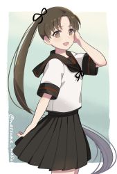 Rule 34 | 1girl, ayanami (kancolle), ayanami kai ni (kancolle), black sailor collar, black skirt, brown eyes, brown hair, commentary request, cowboy shot, kantai collection, long hair, looking at viewer, natsume (natsume melio), one-hour drawing challenge, pleated skirt, sailor collar, school uniform, serafuku, side ponytail, skirt, smile, solo, standing, twitter username