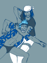 Rule 34 | 2boys, abs, aged down, artist request, bandana, black male swimwear, black swim briefs, blue hair, brothers, family, franky (one piece), goggles, iceburg, limited palette, male focus, male swimwear, multiple boys, one piece, open clothes, open shirt, pants, shirt, siblings, swim briefs, swimsuit, tattoo, water 7, white pants