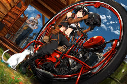 Rule 34 | 1boy, 1girl, ano hito, baseball cap, black hair, boots, bottle, cat, commentary request, cross-laced footwear, grass, hand fan, hat, headband, helmet, highres, lace-up boots, looking at animal, midriff, monowheel, old, old man, original, red eyes, vest, white hair