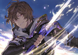 Rule 34 | 1boy, ahoge, black gloves, blue sky, brown hair, cloud, commentary request, fingerless gloves, gloves, glowing, glowing sword, glowing weapon, granblue fantasy, holding, holding sword, holding weapon, hood, hood down, looking at viewer, male focus, messy hair, motion lines, pota (bluegutty), red eyes, sandalphon (granblue fantasy), short hair, signature, sky, smirk, solo, swept bangs, swipe, sword, upper body, weapon