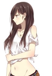 Rule 34 | 1girl, bare arms, black hair, blush, brown hair, collarbone, highres, jewelry, long hair, looking away, midriff, navel, necklace, original, simple background, solo, yamasuta
