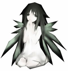 Rule 34 | 1girl, 4yu, bare shoulders, dress, empty eyes, green eyes, green hair, hair flaps, highres, long hair, low detail, low poly, own hands clasped, own hands together, palms together, parted bangs, saya (saya no uta), saya no uta, sidelocks, simple background, sitting, sleeveless, sleeveless dress, solo, sundress, very long hair, wariza, white background, white dress, wings