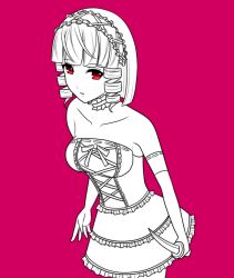 Rule 34 | 10s, 1girl, aibi12634761, bad id, bad pixiv id, bare shoulders, cowboy shot, drill hair, gokukoku no brynhildr, knife, lineart, maid headdress, monochrome, pink background, pink theme, red background, red eyes, red theme, simple background, solo, spot color, tachibana kana, twin drills