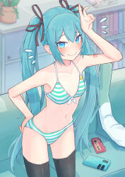 Rule 34 | 1girl, bare shoulders, bikini, black thighhighs, blue eyes, blue hair, blurry, blurry background, book, bookshelf, breasts, cellphone, controller, couch, cowboy shot, female focus, flying sweatdrops, game controller, gamepad, hatsune miku, highres, indoors, long hair, midriff, navel, phone, small breasts, solo, spring onion, standing, striped bikini, striped clothes, stuffed toy, swimsuit, thighhighs, very long hair, vocaloid, yasuno-labo
