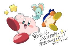 Rule 34 | 2022, :d, animal ears, bandana waddle dee, blush stickers, dated, elfilin, closed eyes, happy, highres, kirby, kirby (series), kirby and the forgotten land, looking at another, looking at viewer, mouse ears, nintendo, no humans, no mouth, one eye closed, open mouth, simple background, smile, star (symbol), trlr, white background